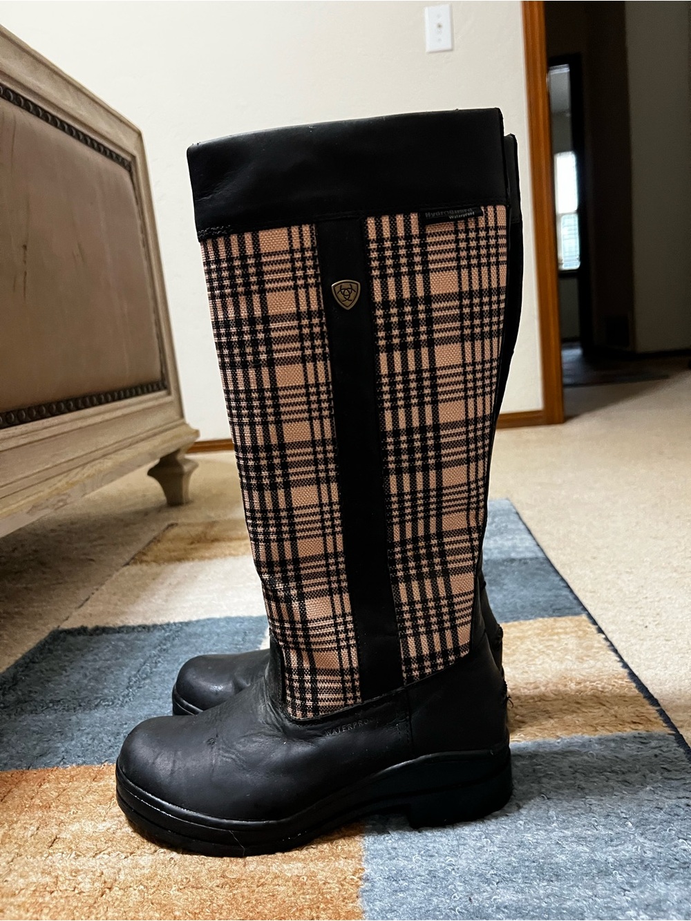 Women's Black Leather & Tan Plaid Tall rain or riding boots